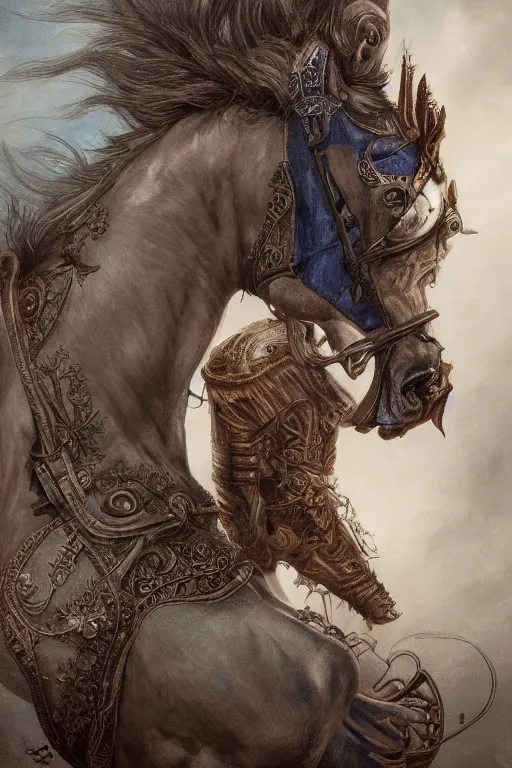 Image similar to 3 quarter view photography portrait of a prince stalion horse , organed, tatooed, intricate details, muscles, elegant, divine, illustrated by greg rutkowski and Akira Saito and Peter mohrbacher, 4k,