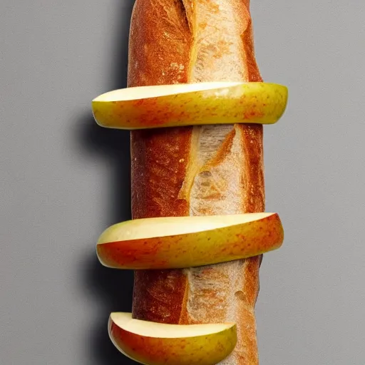 Image similar to a baguette between two apples stuck together, photo realistic 4k