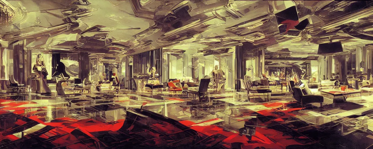 Prompt: Maximalism Syd Mead room interiors. Realistic Fantasy Render.