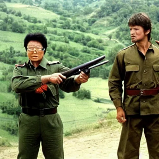 Image similar to a still of Rambo First blood with Kim Jong-il on the role of John Rambo