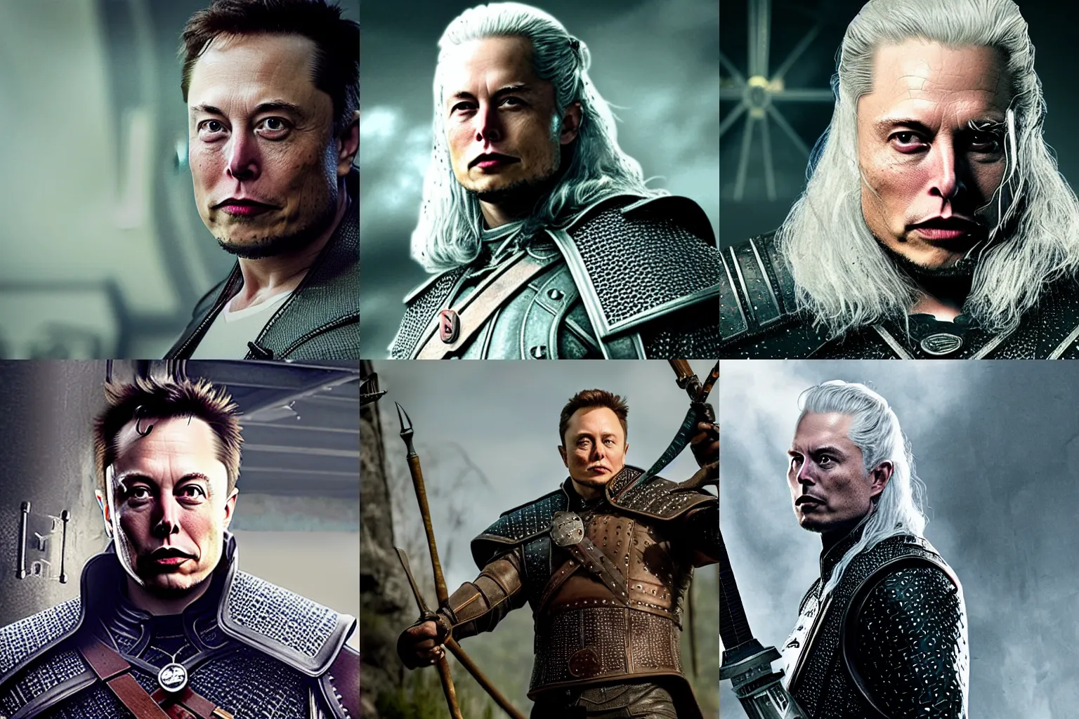 Prompt: elon musk as the witcher, gritty portrait, film still