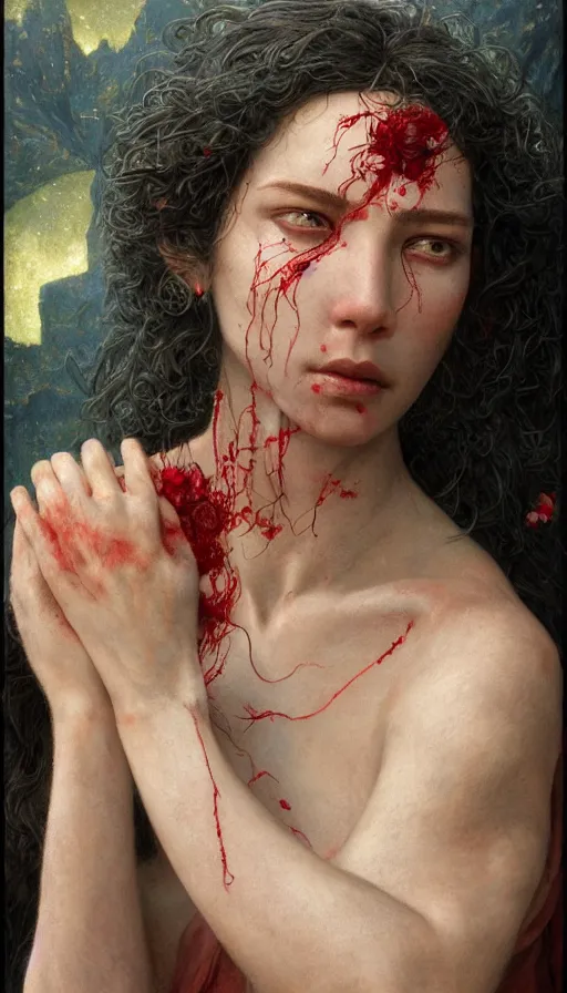 Image similar to epic masterpiece portrait spiritual, sweaty skin, hyperrealistic, octane render, cinematic, beautiful face and flawless skin, perfect hands, 5 fingers, ruby, by Edgar Maxence and Ross Tran and Michael Whelan, Legends of Runeterra