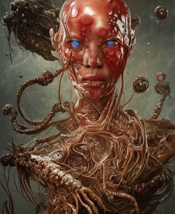 Image similar to portrait of a bloodied intricate geometric slime dripping genderless insect alien monster, muscles, rippling, space warping and twisting, ultra realistic, concept art, intricate details, eerie, highly detailed, photorealistic, octane render, 8 k, unreal engine. art by artgerm and greg rutkowski and alphonse mucha