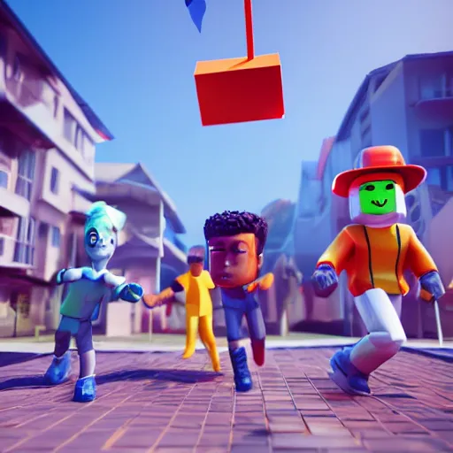 Image similar to highly detailed 3d render of playful kids interacting with roblox figures outside in the sun, box shapes floating all over, bright colors, octane render, insane quality, 8k, 4k, trending, artstation