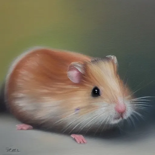 Image similar to hyper realistic oil painting of a hamster in a fancy place drinking a tea