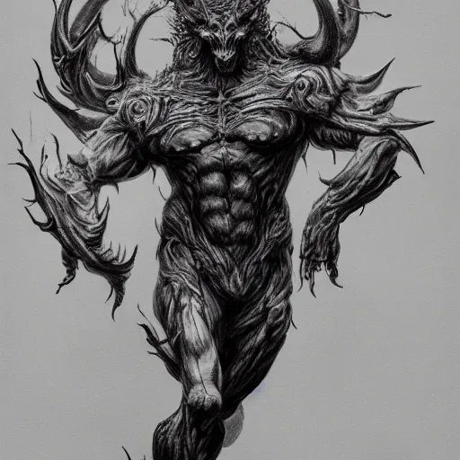 Image similar to full body grayscale drawing by Gustave Dore and Anato Finnstark of muscled horned humanoid beast, swirling flames