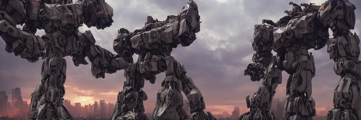Image similar to a beautiful hyperrealistic ultradetailed 3D render of a gigantic mecha standing behinder the city, by brian sum and stephen martiniere and Antonio Manzanedo. mech, octane render, PBR, 3D, brilliantly colored, intricate, wide angle, volumetric lighting, polished, path tracing