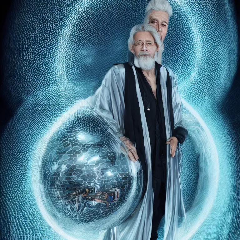 Prompt: high fashion photoshoot octane render portrait by wayne barlow and carlo crivelli and glenn fabry, a distinguished sci - fi futuristic handsome wizard with a long white beard wearing a clear plastic iridescent wizard robes and holding a magical adorable critter while standing inside a glowing ball of plasma energy inside a futuristic fantasy tower, very short depth of field, bokeh