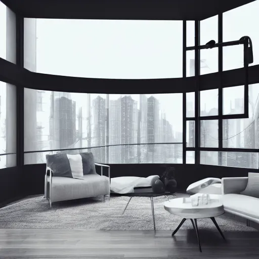 Image similar to brutalist open living room, big windows, showing city landscape on background, minimalist architecture, minimalist furniture, octane render, high quality, 8 k, post production