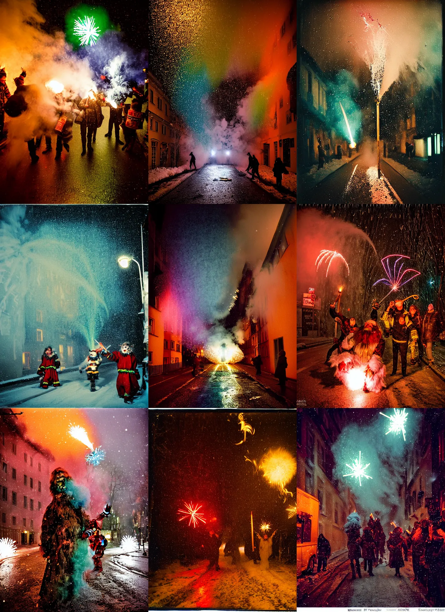 Image similar to kodak portra 4 0 0, wetplate, winter, snowflakes, rainbow coloured rockets, chaos, glitter tornados, award winning dynamic photo of a bunch of hazardous krampus between exploding fire barrels by robert capas, motion blur, in a narrow lane in salzburg at night with colourful pyro fireworks and torches, teal lights