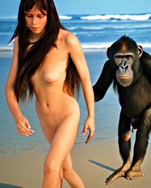 Image similar to a beautiful Ape girl, with long hair and a chimpanzee face, walks a long a beach far in Earth’s future. Her body is covered in fur and she is wearing clothes.