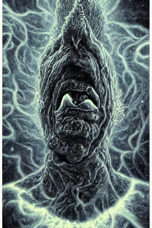 Prompt: an old fractal man screams and a tornado comes out of his mouth by artgem and les edwards, gustave dore, highly detailed, high contrast, light reflection, trippy, nebula, trending on artstation