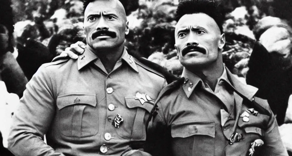 Image similar to dwayne johnson as joseph stalin, black and white photo, award winning