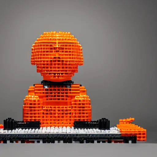 Prompt: 1 0, 0 0 0 piece lego sculpture by a master builder of a smiling orange cat with a big head and white face walking upright, scratch. mit. edu, product photography, studio lighting