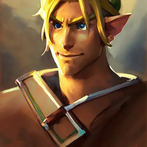 Prompt: greg manchess handsome portrait painting of link in the legend of zelda as overwatch character, medium shot, asymmetrical, profile picture, organic painting, sunny day, matte painting, bold shapes, hard edges, street art, trending on artstation, by huang guangjian and gil elvgren and sachin teng