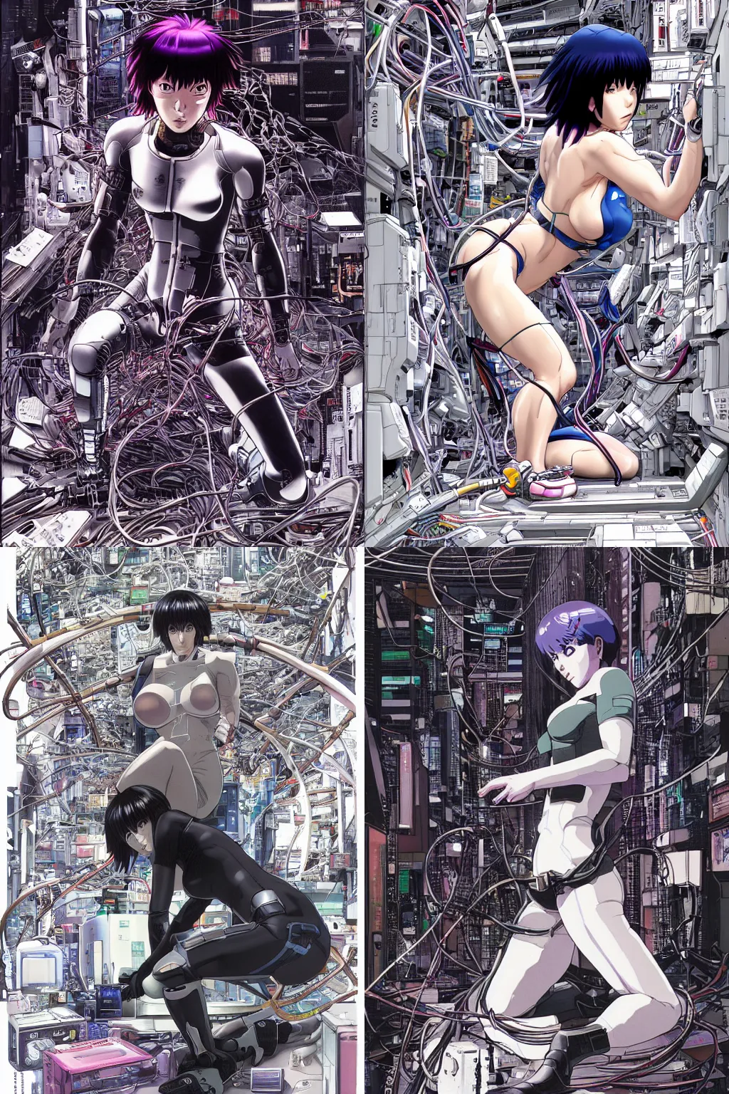 Prompt: motoko kusanagi kneeling on a white, empty floor, with a mess of wires and cables coming out of her head and backside, by masamune shirow and katsuhiro otomo, illustration, cyberpunk, hyper-detailed, colorful, complex, insanely intricate, masterpiece, epic