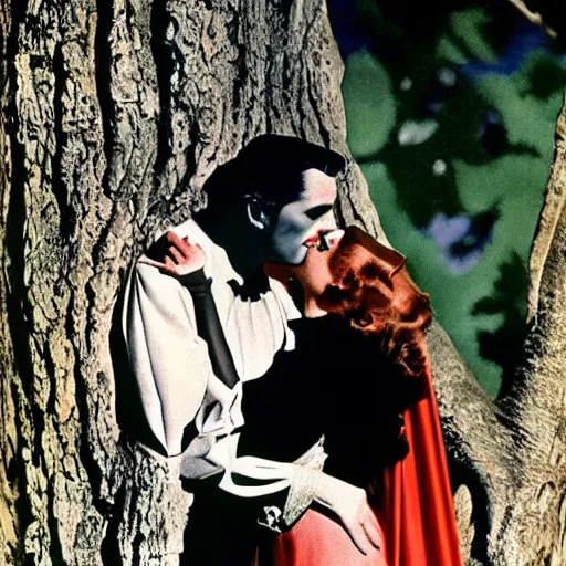 Image similar to 1 9 3 9 technicolor movie still of vampire under a big tree in the sunset, biting scarlet o'hara's neck as she swoons. he is wearing a black cape with a high collar and he is pale.