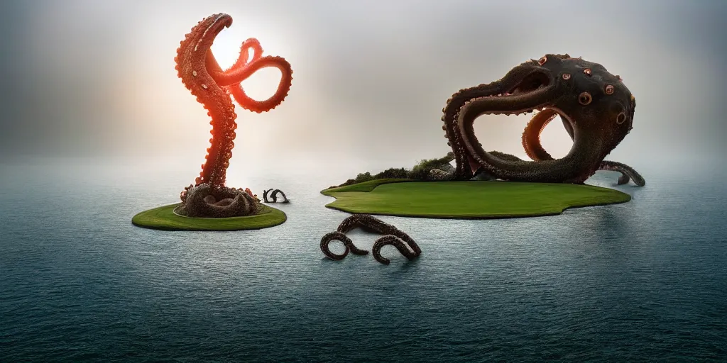 Image similar to a great photograph of the most amazing golf hole in the world, surrounded by water, giant octopus, ambient light, golf digest, top 1 0 0, fog