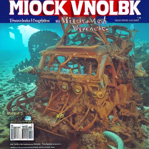 Prompt: Underwater Shipwreck of the Magic Schoolbus, cover of National Geographic