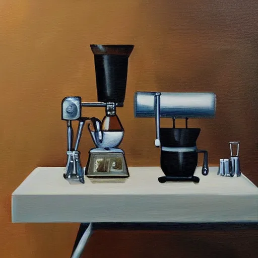 Prompt: a painting of a humanoid espresso machine that makes coffee from human souls
