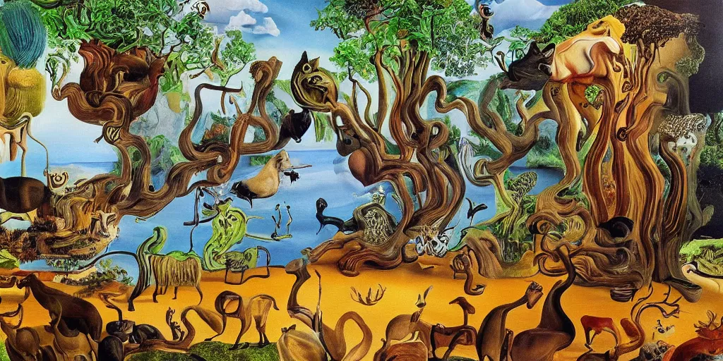 Image similar to Painting of a forest with rivers and animals in the style of Salvador Dali, highly detailed