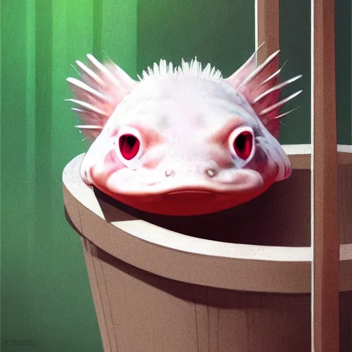 Prompt: cute round face axolotl sitting in a bucket with a forest background, award winning art, trending on artstation, digital art, painting, matte painting, hyper realistic, realism, photography