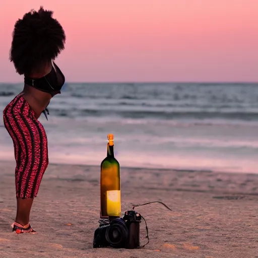 Image similar to a lightskin black woman photographer, taking photos at the beach, during sunset, with a bottle of liquor in her left hand, as a painting