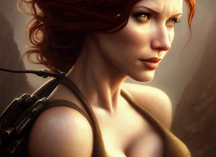 Image similar to portrait shot of christina hendricks as lara croft, intricate, elegant, highly detailed, centered, digital painting, artstation, concept art, smooth, sharp focus, illustration, artgerm, tomasz alen kopera, peter mohrbacher, donato giancola, joseph christian leyendecker, wlop, boris vallejo