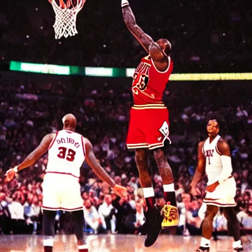 Image similar to lebron James posterizing Michael Jordan, sports photography,