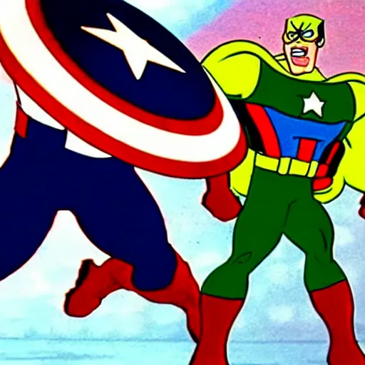 Prompt: film still of captain america in scooby - doo ( 1 9 6 9 )