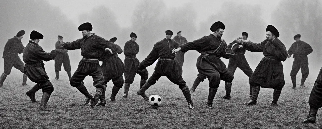 Image similar to ukrainian cossacks play football in london, early 2 0 th century, rain, realistic, hyper detail, dynamic, in john baeder style, many details, super realistic, high quality, 8 k