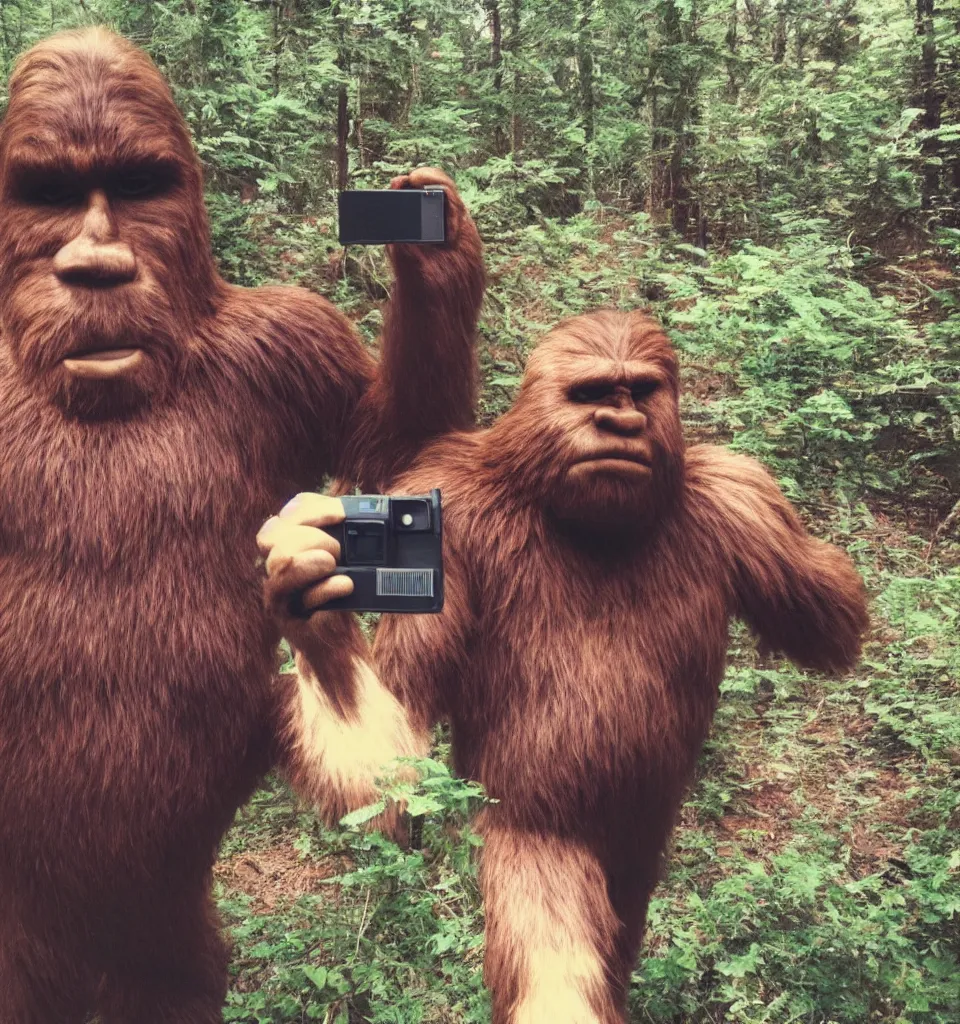 Prompt: Bigfoot taking a polaroid selfie