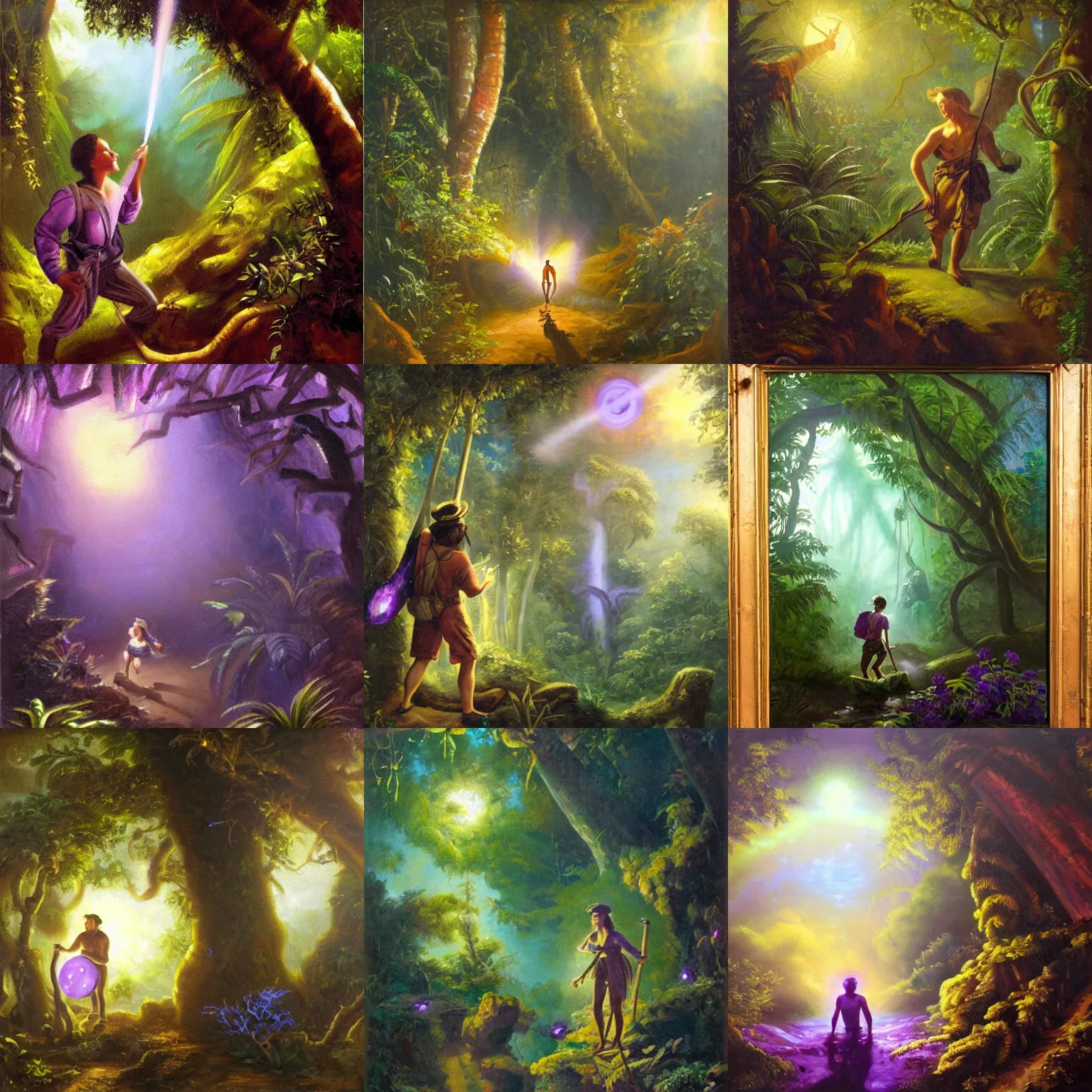 Prompt: an oil painting of an explorer finding a purple glowing portal in the jungle, fantasy