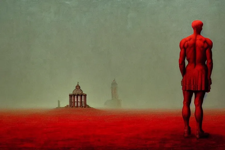 Image similar to only with red, caesar after war, a red tiger, in hoc signo vinces, rome in background, an ancient path, in the style of beksinski, part by hopper, part by rodcenko, part by hofbauer, intricate composition, red by caravaggio, insanely quality, highly detailed, masterpiece, red light, artstation