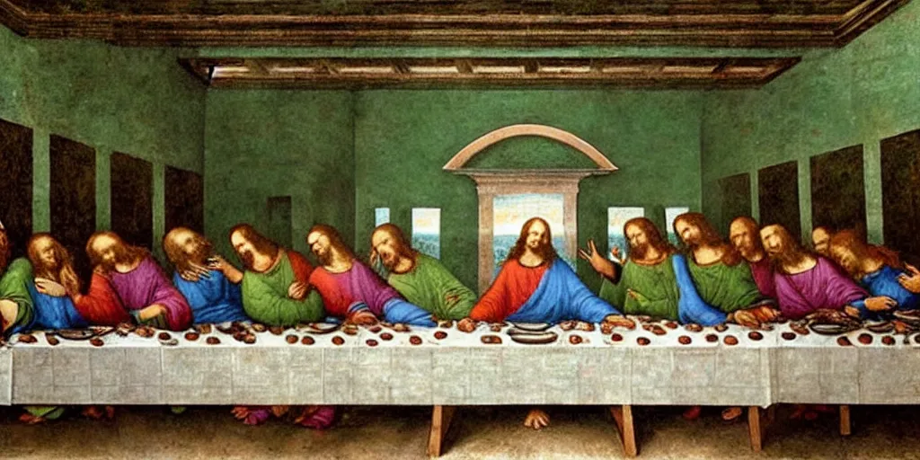 Image similar to the last supper with green sentient blobs, horror, painted by leonardo da vinci