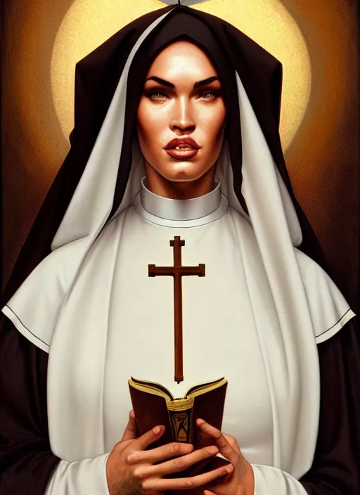 Prompt: portrait of megan fox as an overweight sultry nun, catholic, church, bible, christianism, praying, intrigante, headshot, highly detailed, digital painting, artstation, concept art, sharp focus, cinematic lighting, illustration, art by artgerm and greg rutkowski, alphonse mucha, cgsociety