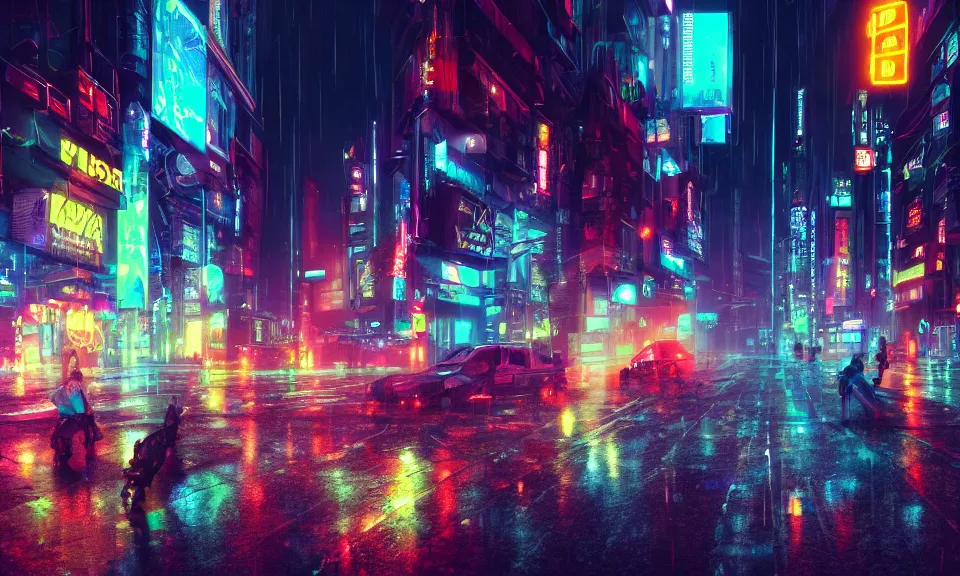 Image similar to a cyberpunk street scene with neon lights, raining, 4k uhd wallpaper, digital art trending on artstation