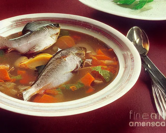 Image similar to 1970's cookbook color photograph of fish head soup sharp detail high detail