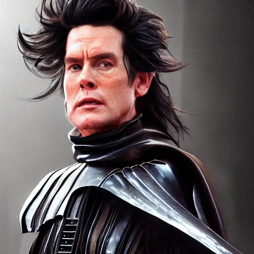 Image similar to hyperrealistic image of ace ventura in darth vader armor, stunning 3 d render, inspired by istvan sandorfi & greg rutkowski & unreal engine, perfect symmetry, dim volumetric cinematic lighting, 8 k octane comprehensive render, extremely hyper - detailed, incredibly lifelike attributes, intricate, real flesh texture, masterpiece, artstation, stunning,