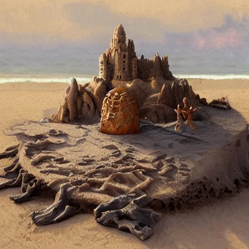 Image similar to organic cybog, holographic plastic, driftwood and sea agate beside a sandcastle, fantasy, intricate, elegant, highly detailed, lifelike, photorealistic, digital painting, artstation, illustration, smooth, sharp focus, art by josh dykgraaf, albert aublet, krenz cushart, bouguereau, artem demura, mucha