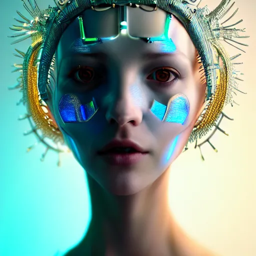 Image similar to portrait of an absurdly beautiful, graceful, sophisticated, fashionable cyberpunk mechanoid gravure idol, hyperdetailed illustration by irakli nadar, matt wisniewski style, intricate linework, white porcelain skin, iridescent fractal headdress, day - glow facepaint, jellyfish ruff, unreal engine 5 highly rendered, global illumination, blue light, detailed and intricate environment