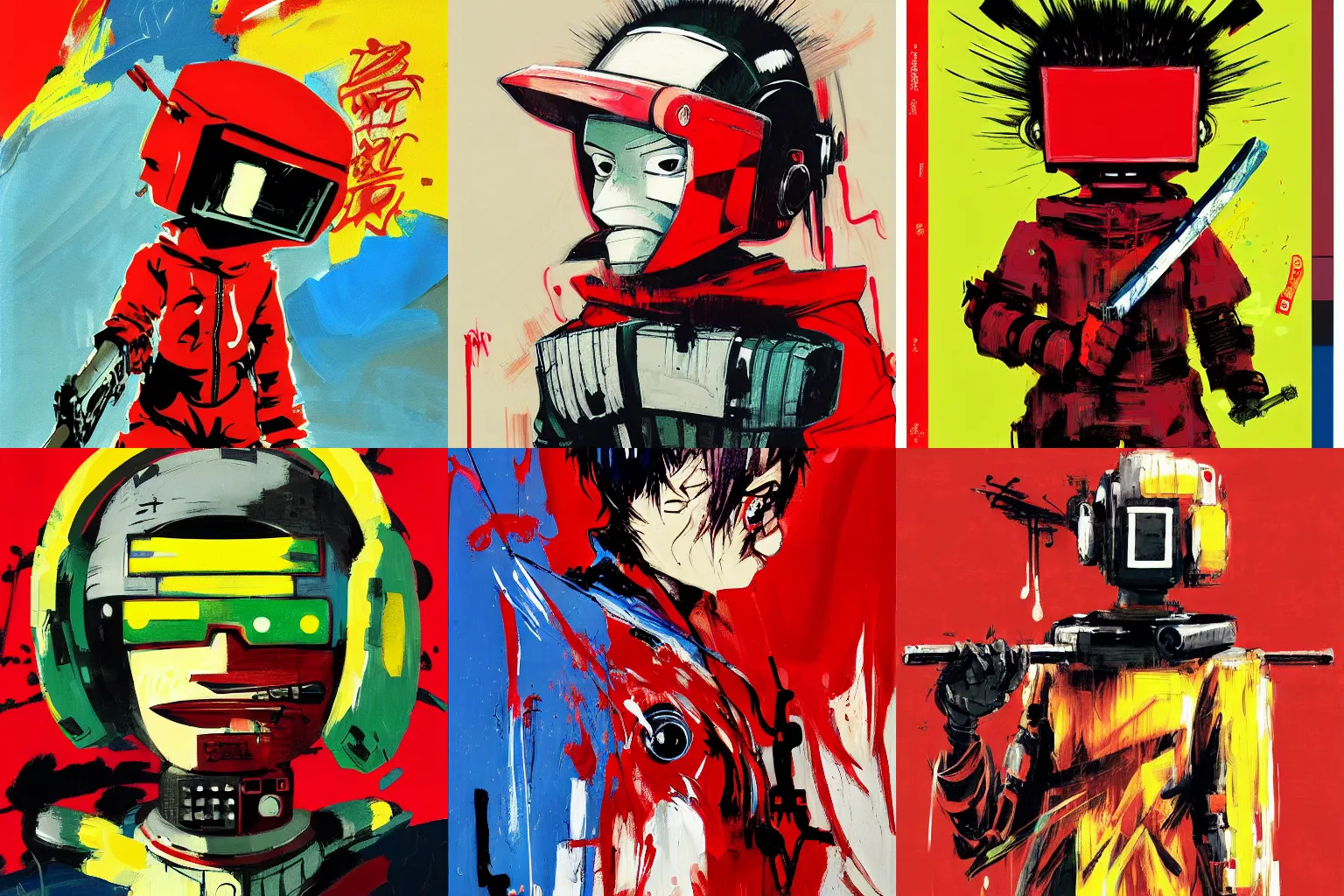 Prompt: tv head anime robot, wearing red hoodie, holding katana, medium portrait by Ashley Wood, Yoji Shinkawa, Jamie Hewlett, 60's French movie poster, French Impressionism, vivid colors, palette knife and brush strokes, paint drips, Dutch tilt, 8k, hd, high resolution print