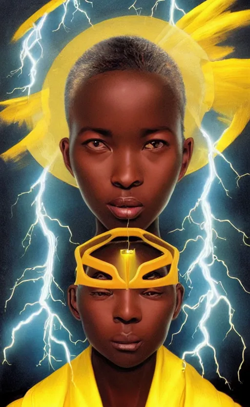 Prompt: upper half portrait of an african in yellow cape - inside a group of clouds - surrounded by bolts of lightning with rays of light emanating from clouds - in drew struzan movie poster style, art by drew struzan & hsiao - ron cheng, highly detailed, digital painting, ray tracing, illustration, smooth, sharp focus, intricate, symmetry, artstation,