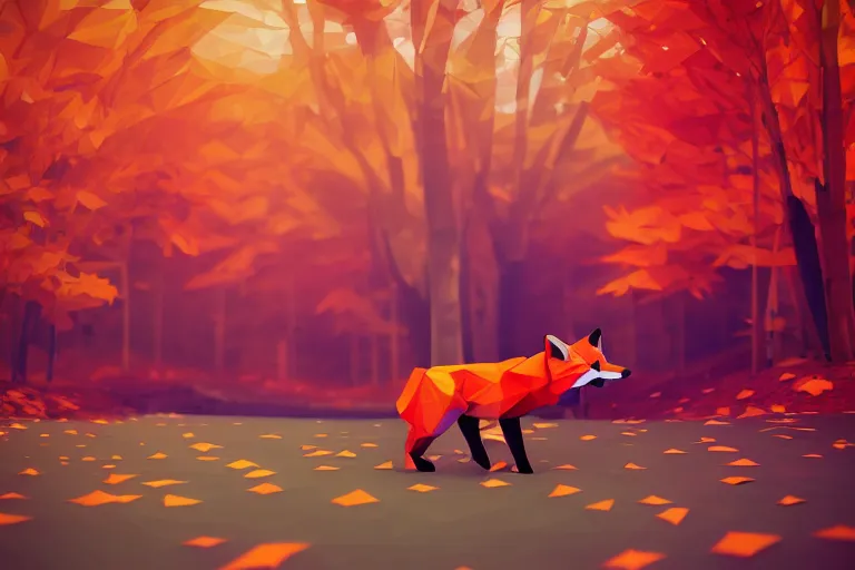 Image similar to super detailed color lowpoly art, red fox in an autumn maple forest, unreal engine, retrowave color palette, 3 d render, lowpoly, colorful, digital art, perspective