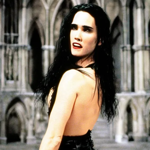 Image similar to jennifer connelly as a vampire showing her fangs in a gloomy gothic cathedral at night