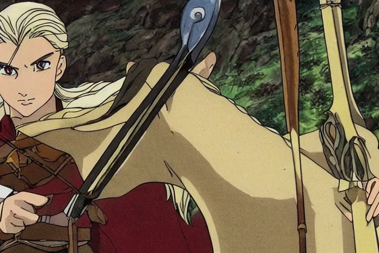 Image similar to legolas in the anime lord of the rings by studio ghibli, movie still frame, very detailed, artwork by hayao miyazaki, kentaro miura, satoshi kon, high quality, sharp image, high resolution, hd, 7 2 0 p, 4 k