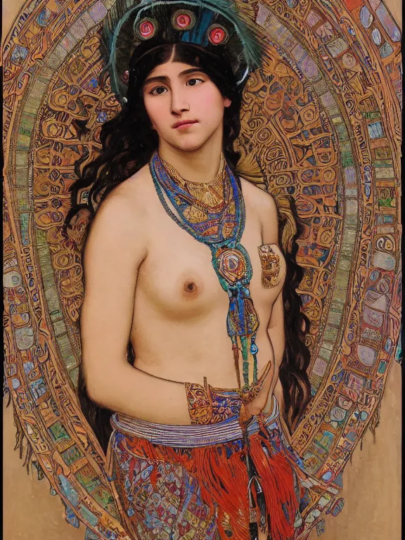 Image similar to an art nouveau painting of a pretty young native mayan woman dressed in a traditional, modest coat of beads and feathers and an elaborate headdress, in front of an aztec calendar, intricate, detailed, smooth, complex, elaborate, by alphonse mucha and james gurney and john william waterhouse