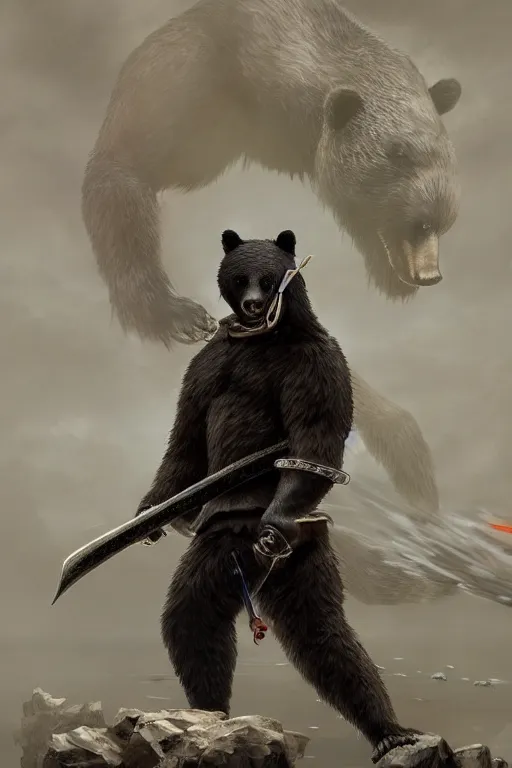 Image similar to anthropomorphic, half man half asian black bear, black bear samurai, Moon Bear Samurai, epic, samurai, stunning 3d render, 8k octane beautifully detailed render, post-processing, highly detailed, intricate complexity, epic composition, magical atmosphere, cinematic lighting + masterpiece, trending on artstation, art by artgerm and greg rutkowski and alphonse mucha