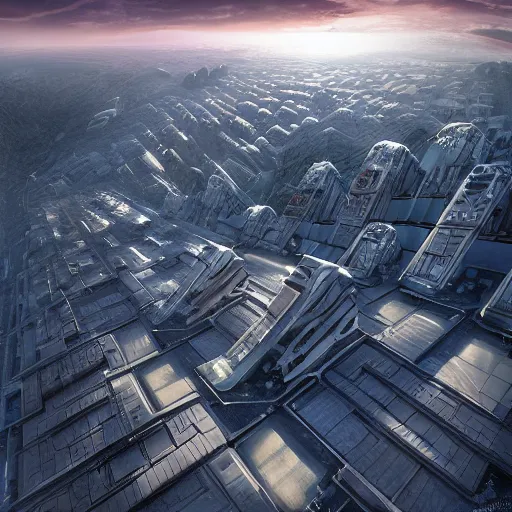 Image similar to an aerial view of a futuristic city in the mountains, a detailed matte painting by ricardo bofill, behance contest winner, generative art, isometric, greeble, terragen