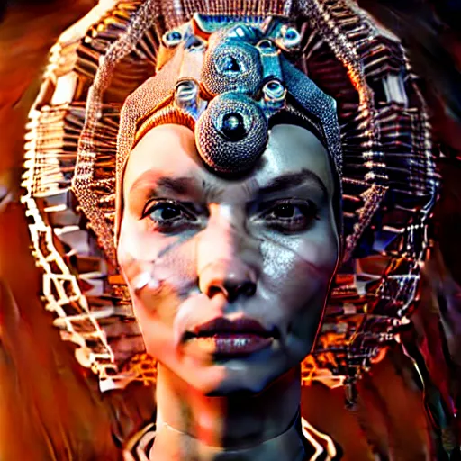 Image similar to portrait of an absurdly beautiful, graceful, sophisticated, fashionable cyberpunk mechanoid, hyperdetailed illustration by irakli nadar and alexandre ferra, intricate linework, white porcelain skin, faberge, coral headdress, unreal engine 5 highly rendered, global illumination, radiant light, detailed and intricate environment